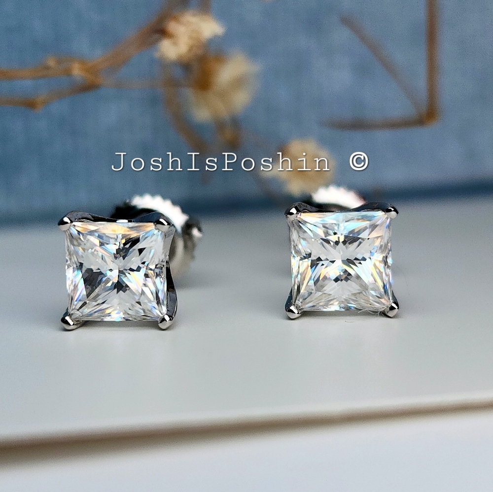2CTW Princess Moissanite Screwback Stud Earrings In Sterling Silver